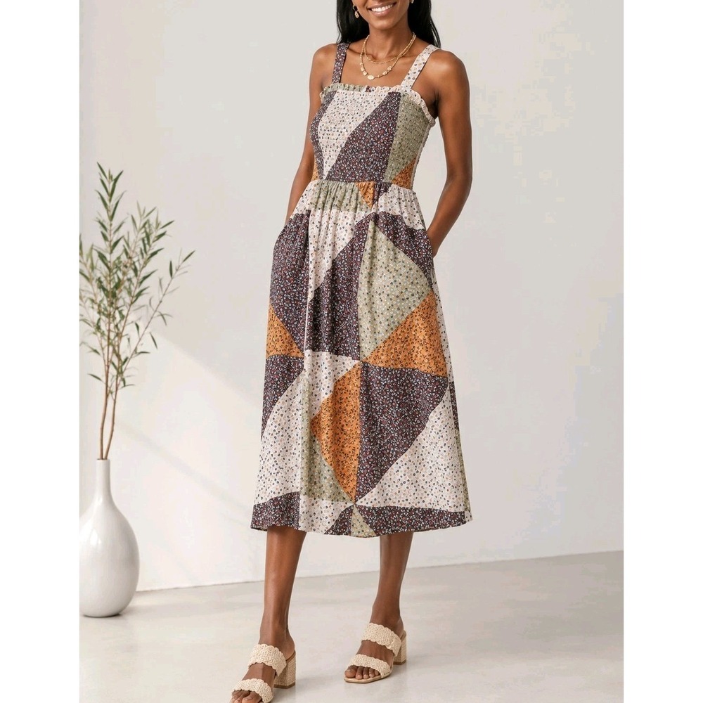 Patchwork Floral Midi Dress Pockets Boho Cottagecore Smocked Sundress Women's XL